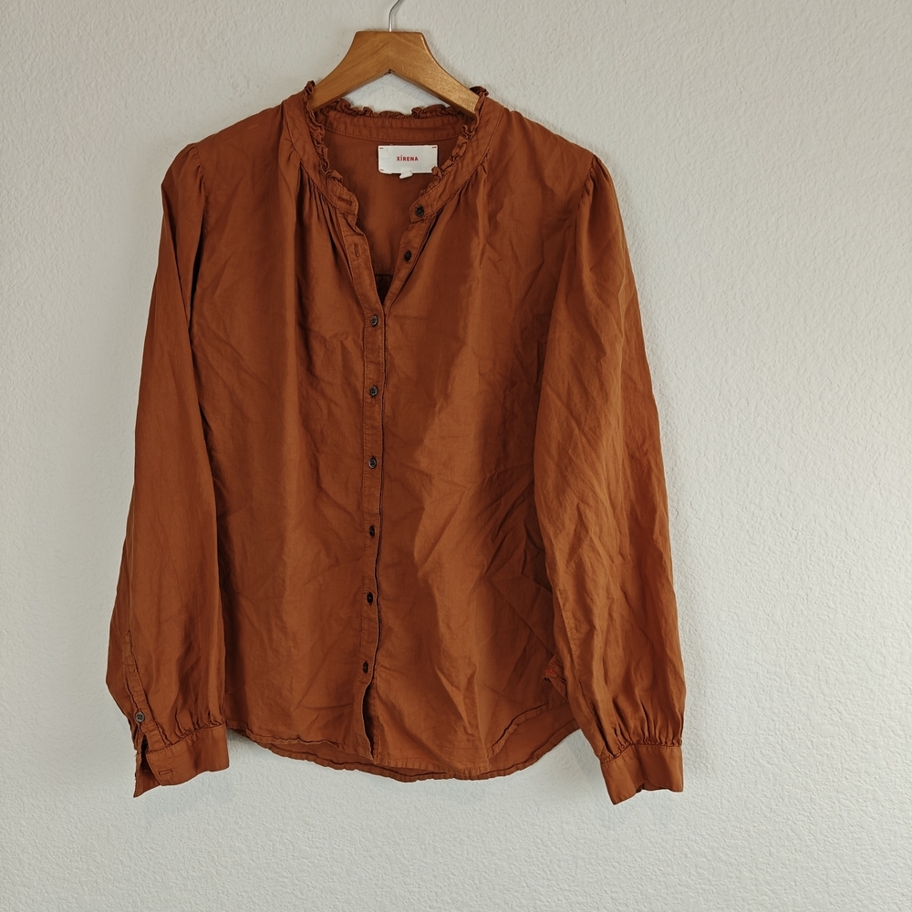 Xirena Orange Cotton Ruffle Neck Button Down Blouse | Relaxed Boho Coastal Chic - Picture 1 of 10